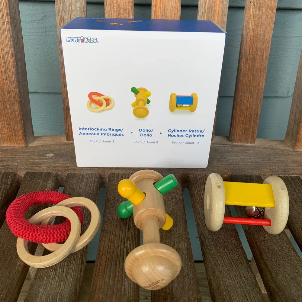 Monti Kids Level 2 Montessori Wooden Toy Bundle 7 Piece Set Baby 3+ Month Rattle